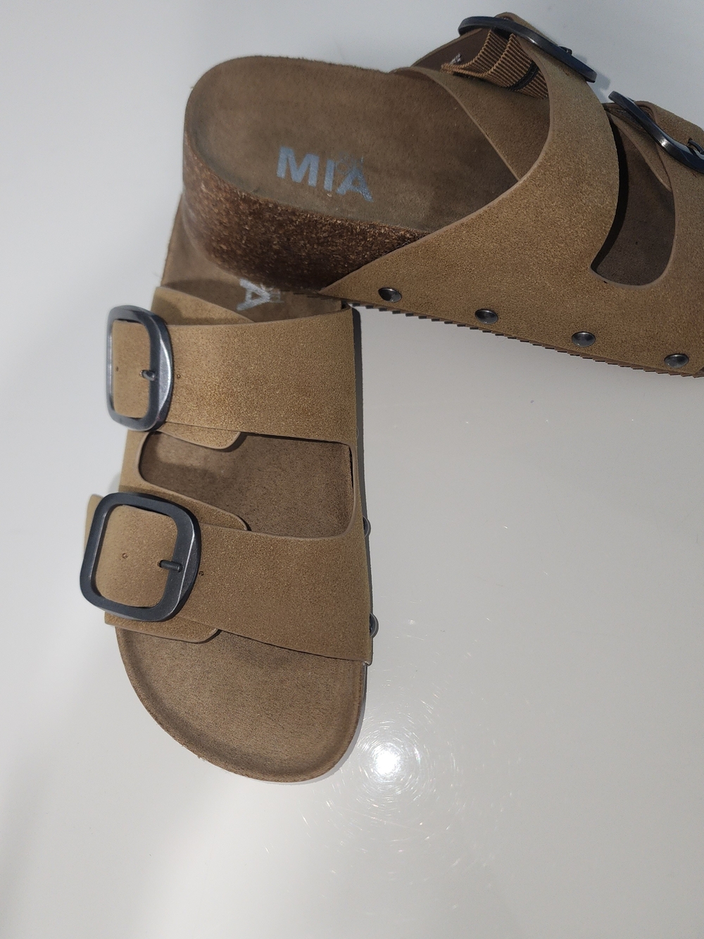 MIA Taupe Double-Buckle Suede Slide Sandals Size 6